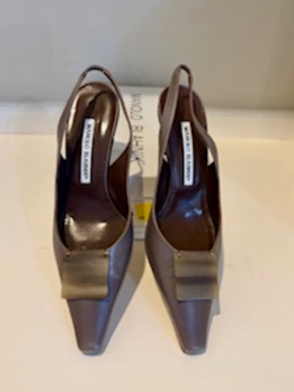 Manolo Blahnik Vintage Taupe Leather Slingback Heels Square Toe Kitten Heel - 36
